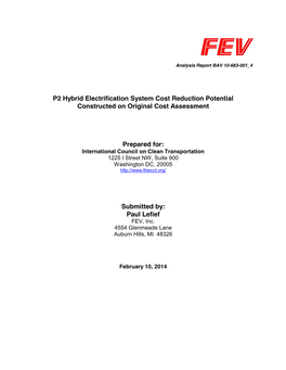 P2 Hybrid Electrification System Cost Reduction Potential Constructed on Original Cost Assessment Prepared