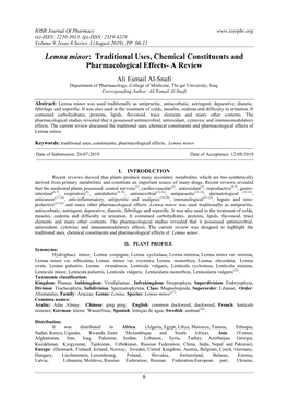 Lemna Minor: Traditional Uses, Chemical Constituents and Pharmacological Effects- a Review