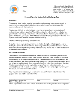 Consent Form for Methacholine Challenge Test