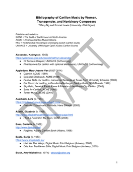 Bibliography of Carillon Music by Women, Transgender, and Nonbinary Composers Tiffany Ng and Emmet Lewis (University of Michigan)