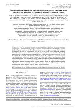 The Relevance of Personality Traits in Impulsivity-Related Disorders: from Substance Use Disorders and Gambling Disorder to Bulimia Nervosa