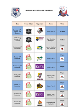 Mondiale Auckland Aces Fixture List