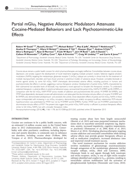 Partial Mglu5 Negative Allosteric Modulators Attenuate Cocaine-Mediated Behaviors and Lack Psychotomimetic-Like Effects