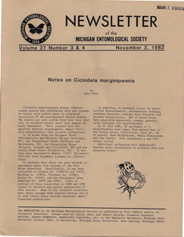 NEWSLETTER of the MICHIGAN ENTOMOLOGICAL SOCIETY Volume 27 Number 3 & 4 November 2, 1982