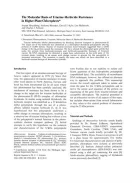 The Molecular Basis of Triazine-Herbicide Resistance in Higher-Plant Chloroplasts* Joseph Hirschberg, Anthony Bleecker, David J