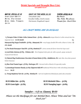 Drink Specials and Draught Beer List: Last Updated 7/21/19