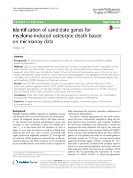 Identification of Candidate Genes for Myeloma-Induced Osteocyte Death Based on Microarray Data Honglai Tian