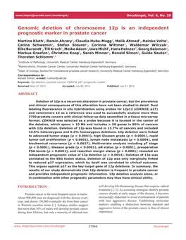 Genomic Deletion of Chromosome 12P Is an Independent Prognostic Marker in Prostate Cancer