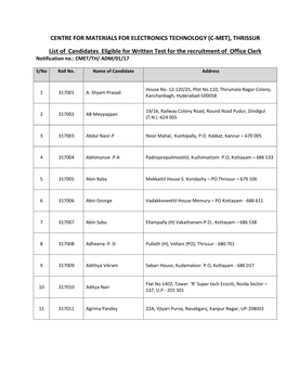 (C-MET), THRISSUR List of Candidates Eligible for Written Test for the Recruitment of Office Clerk Notification No.: CMET/TH/ ADM/01/17