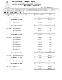 Pakistan Stock Exchange Limited BROKER to BROKER