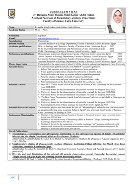 CURRICULUM VITAE Dr. Rewaida Abdel-Hakim Abdel-Gaber Abdel-Hakim Assistant Professor of Parasitology, Zoology Department Faculty of Science, Cairo University