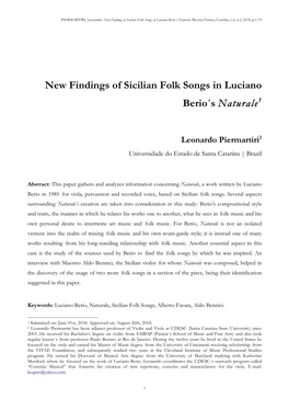 New Findings of Sicilian Folk Songs in Luciano Berio´S Naturale1