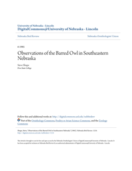 Observations of the Barred Owl in Southeastern Nebraska Steve Shupe Peru State College
