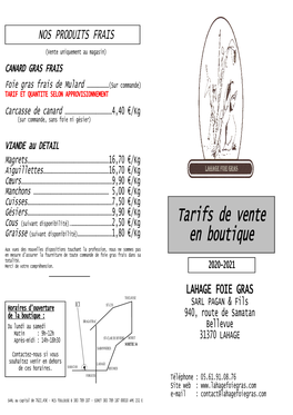 Tarifs Magasin 2020-2021