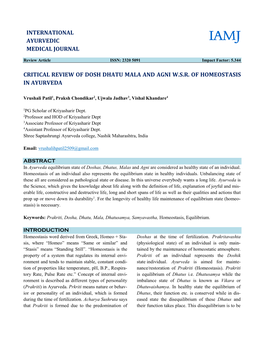 Critical Review of Dosh Dhatu Mala and Agni WSR of Homeostasis In