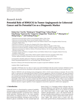 Potential Role of HMGCS2 in Tumor Angiogenesis in Colorectal Cancer and Its Potential Use As a Diagnostic Marker