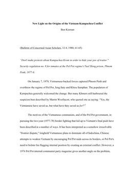 New Light on the Origins of the Vietnam-Kampuchea Conflict Ben