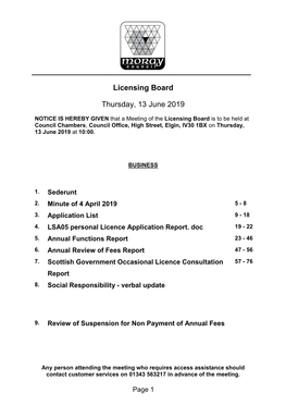 Licensing Board Thursday, 13 June 2019