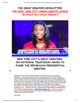 THE GREAT DEBATERS NEWSLETTER! the NEW YORK CITY URBAN DEBATE LEAGUE "Be Great! Be a Great Debater!"