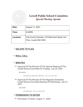 Lowell Public School Committee Special Meeting Agenda