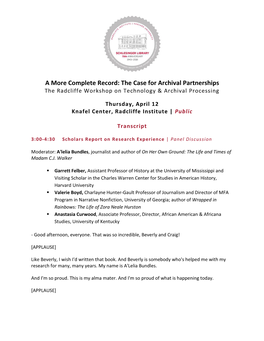 The Case for Archival Partnerships the Radcliffe Workshop on Technology & Archival Processing