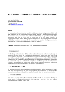 Selection of Construction Methods in Rock Tunneling