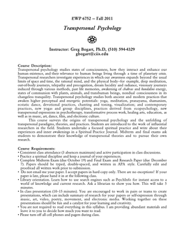 Transpersonal Psychology E Instructor: Greg Bogart, Ph.D, (510) 594-4329 Gbogart@Ciis.Edu