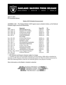 April 17, 2019 for Immediate Release Raiders 2019 Schedule