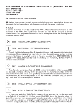 Irish Comments on FCD ISO/IEC 10646-1/PDAM 30 (Additional Latin and Other Characters) Reference: SC2 N3210 Closes: 1999-02-05 Date: 1999-01-20