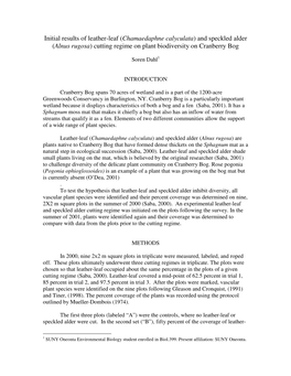 Initial Results of Leather-Leaf (Chamaedaphne Calyculata) and Speckled Alder (Alnus Rugosa) Cutting Regime on Plant Biodiversity on Cranberry Bog