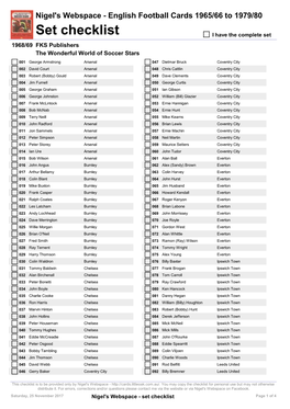 Set Checklist I Have the Complete Set 1968/69 FKS Publishers the Wonderful World of Soccer Stars