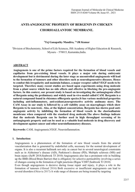 Anti-Angiogenic Property of Bergenin in Chicken Chorioallantoic Membrane