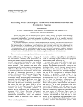 Facilitating Access Or Monopoly: Patent Pools at the Interface of Patent and Competition Regimes