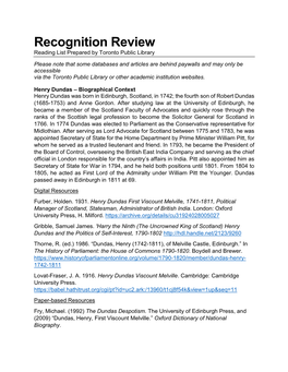 Recognition Review Reading List Prepared by Toronto Public Library