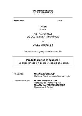 Claire HAUVILLE Produits Marins Et Cancers : Les Substances En Cours D'essais Cliniques