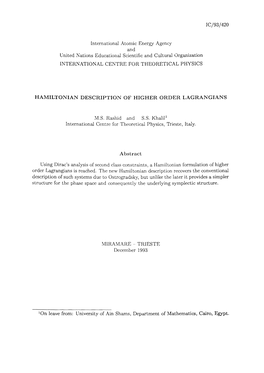 Hamiltonian Description of Higher Order Lagrangians