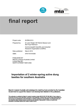 B.ERM.0213 Final Report - Importation of 2 Winter-Spring Active Dung Beetles for Southern Australia