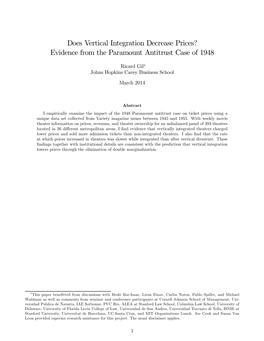 Does Vertical Integration Decrease Prices? Evidence from the Paramount Antitrust Case of 1948