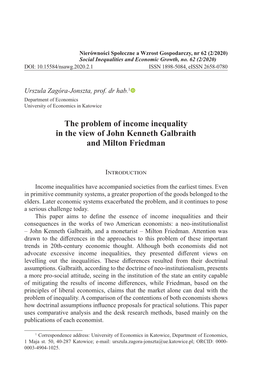 The Problem of Income Inequality in the View of John Kenneth Galbraith and Milton Friedman