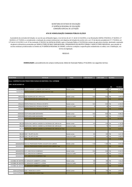 Secretaria De Estado De Educação 2ª Gerência Regional De Educação Comissão Especial De Licitação