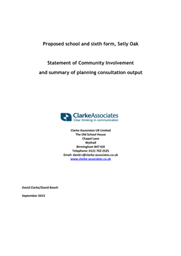 Proposed School and Sixth Form, Selly Oak Statement of Community Involvement and Summary of Planning Consultation Output