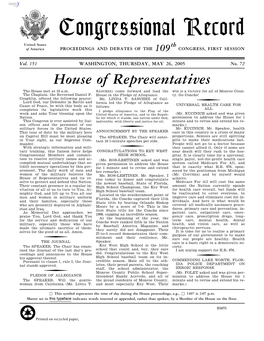 Congressional Record United States Th of America PROCEEDINGS and DEBATES of the 109 CONGRESS, FIRST SESSION