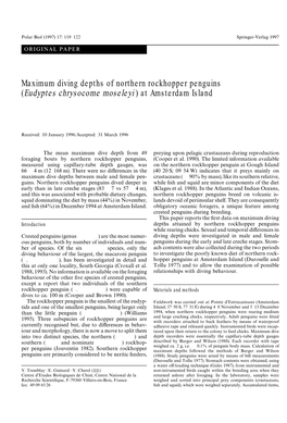 Maximum Diving Depths of Northern Rockhopper Penguins (Eudyptes Chrysocome Moseleyi ) at Amsterdam Island