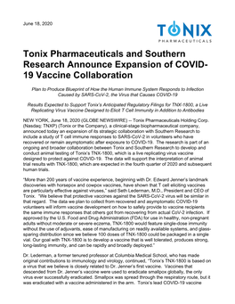 Tonix Pharmaceuticals and Southern Research Announce Expansion of COVID- 19 Vaccine Collaboration