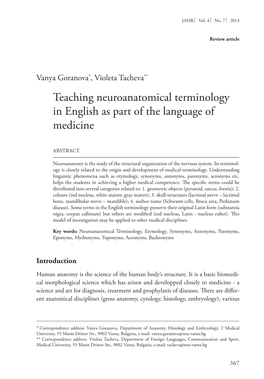 Teaching Neuroanatomical Terminology in English As Part of the Language of Medicine