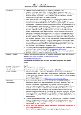 2015-16 Academic Year Swansea University - Fast Fact Sheet for Students