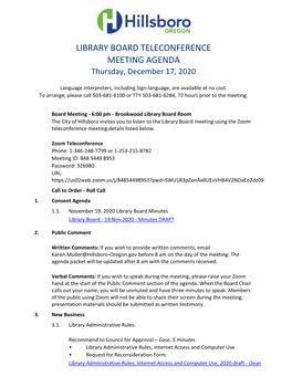 LIBRARY BOARD TELECONFERENCE MEETING AGENDA Thursday, December 17, 2020