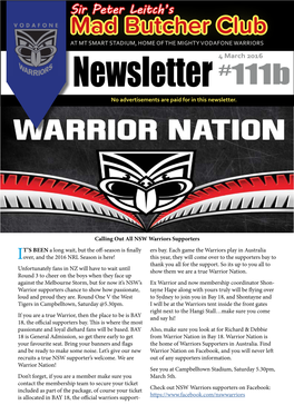 Mad Butcher Club at MT SMART STADIUM, HOME of the MIGHTY VODAFONE WARRIORS 4 March 2016 Newsletter #111B No Advertisements Are Paid for in This Newsletter