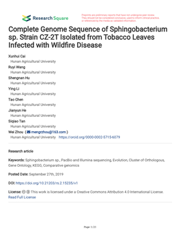 Complete Genome Sequence of Sphingobacterium Sp. Strain CZ-2T Isolated from Tobacco Leaves Infected with Wildfre Disease