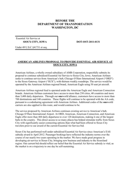 Before the Department of Transportation Washington, Dc
